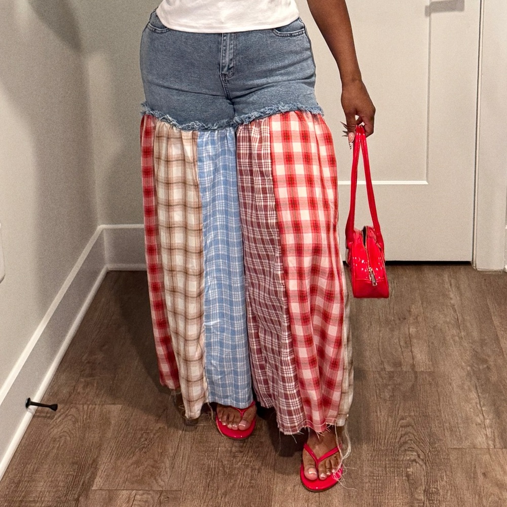Plaid Patchwork Women Jeans Maxi